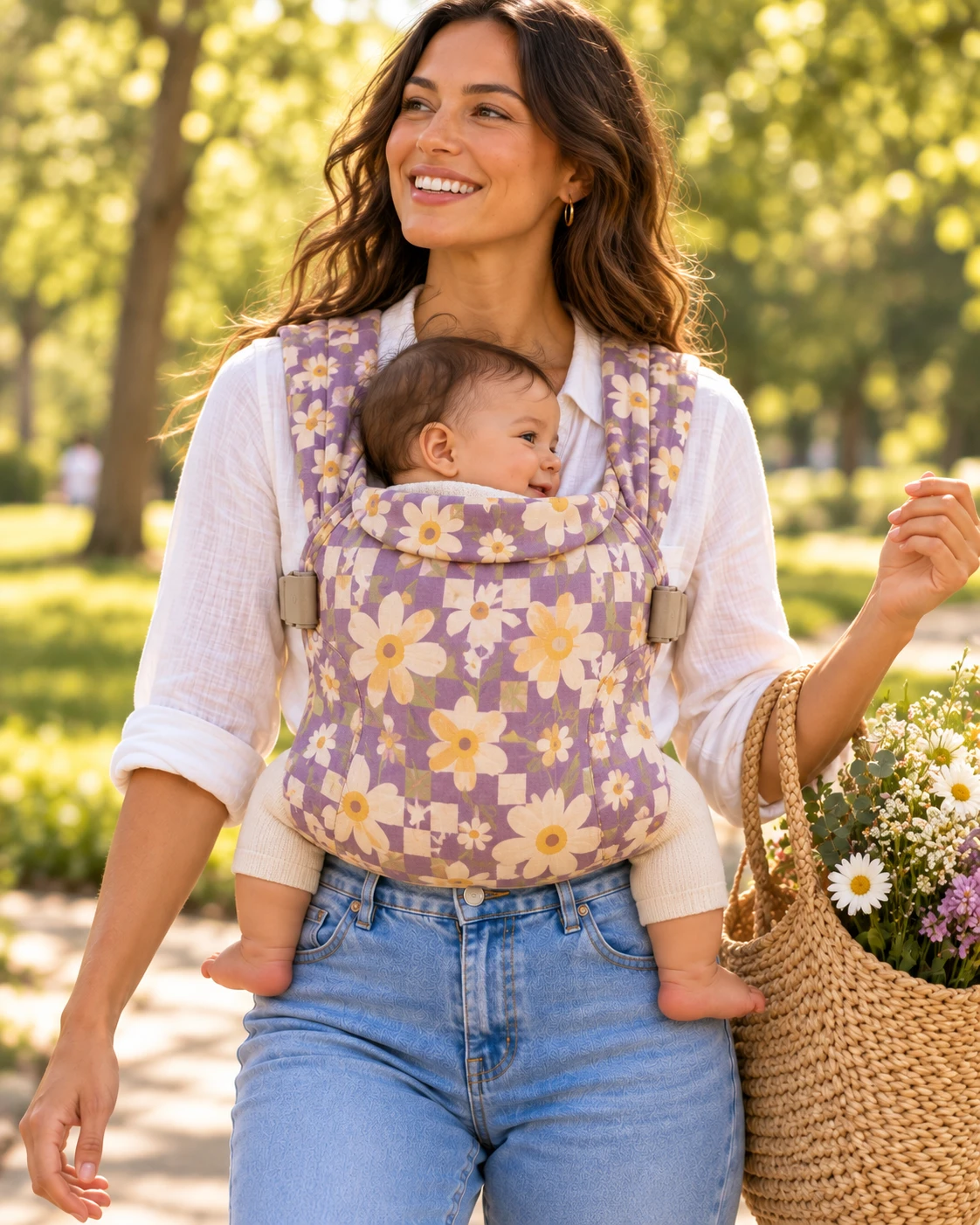 Lilac checkerboard daisy carrier in a park