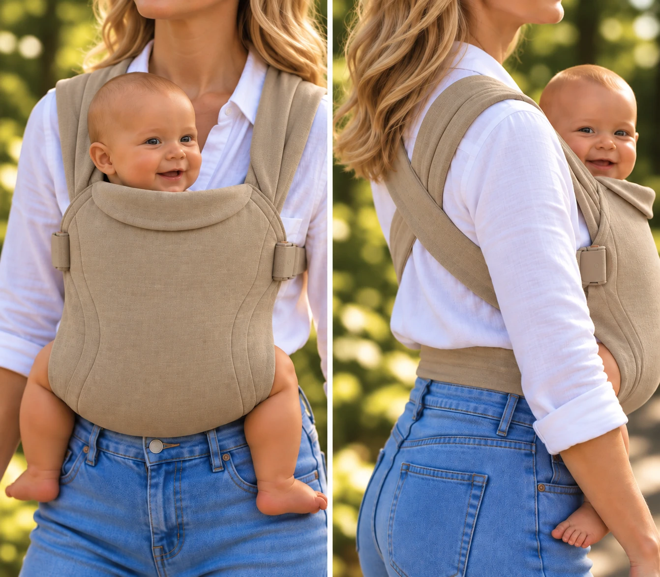 The oat-coloured Goldie carrier worn on the front, and the same carrier worn on the back